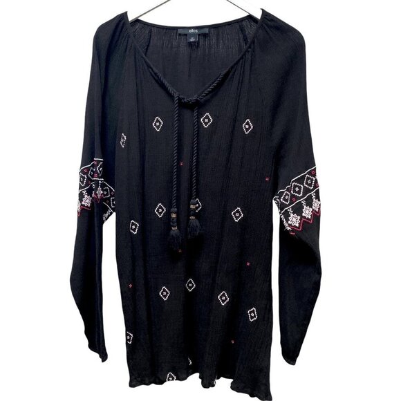 ELLOS Boho Top Plus Size 1X Black Cotton Crinkle Gauze Peasant Tunic - Picture 1 of 10